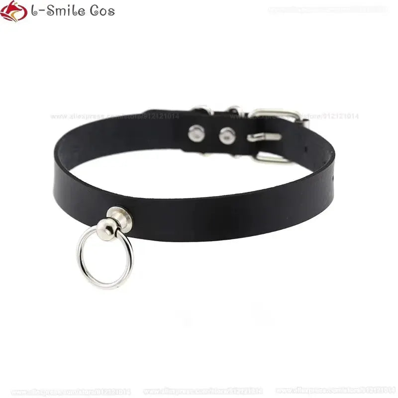 Cosplay choker necklace, black leather with silver ring