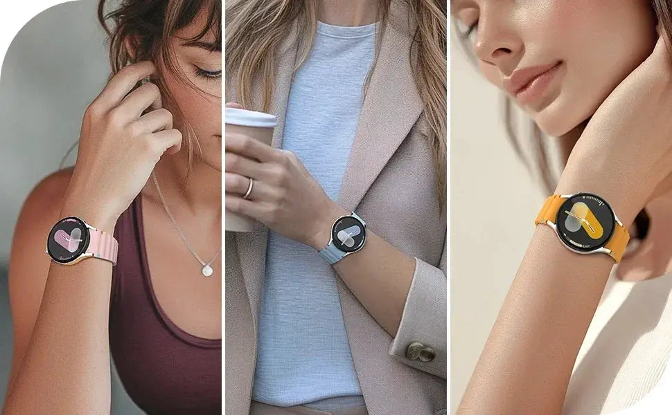 Original Simples Market silicone watch bands for Samsung Galaxy Watch 44mm/40mm; pink, blue, and yellow (set of three).