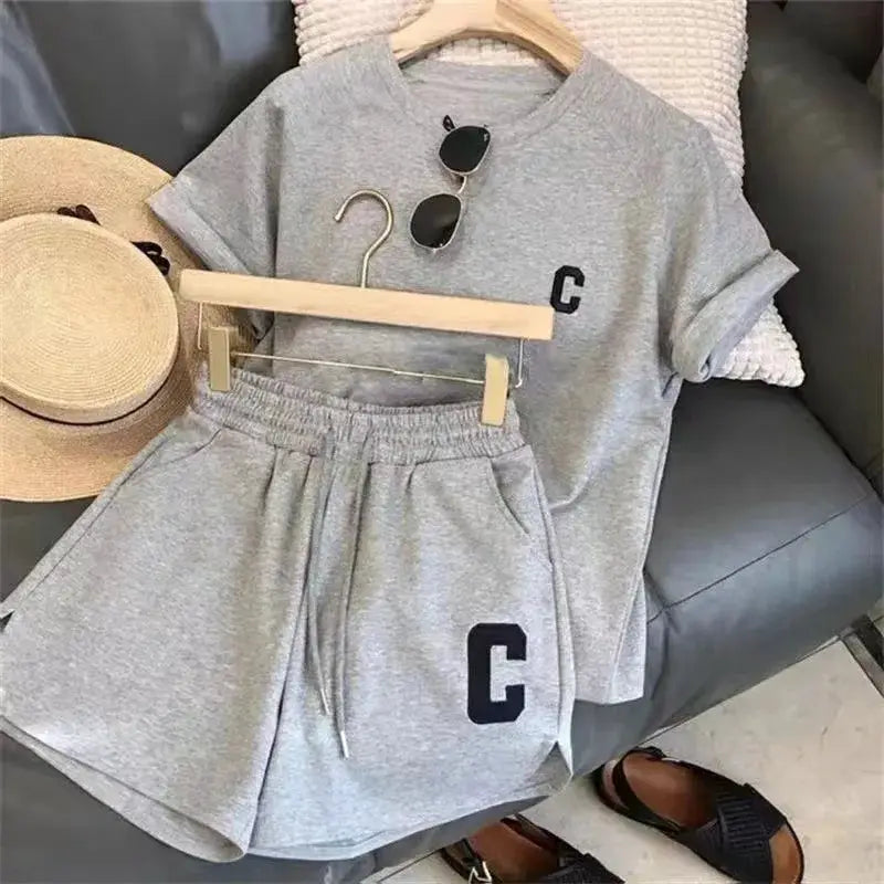 Women 2 Piece Summer Pajama Set Loose Short Sleeve T Shirt And Casual Shorts Sports Print Letter Design Large Size