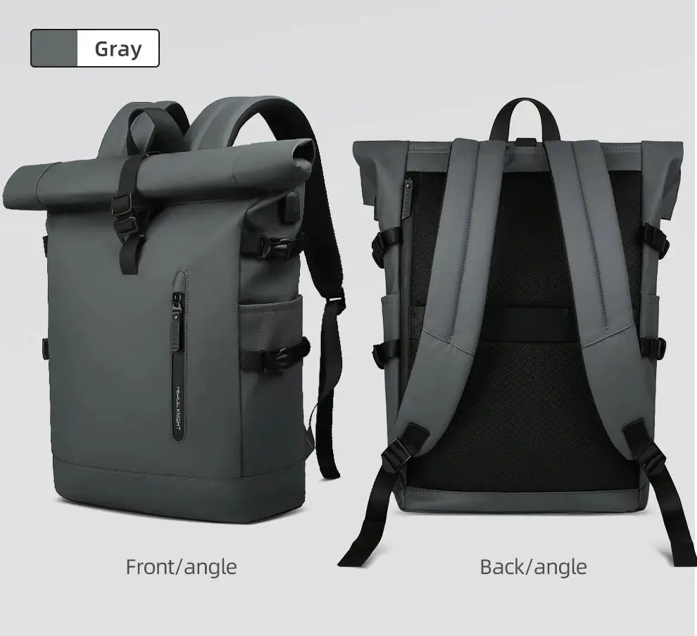 HK Large 15.6 Inch Laptop Backpack by Simples Market in gray, front and back views