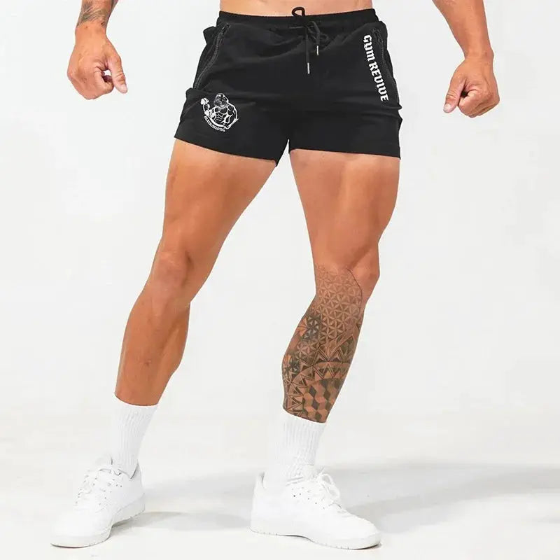 Men's black Simples Market quick-dry gym shorts with side zip pockets and printed logo.