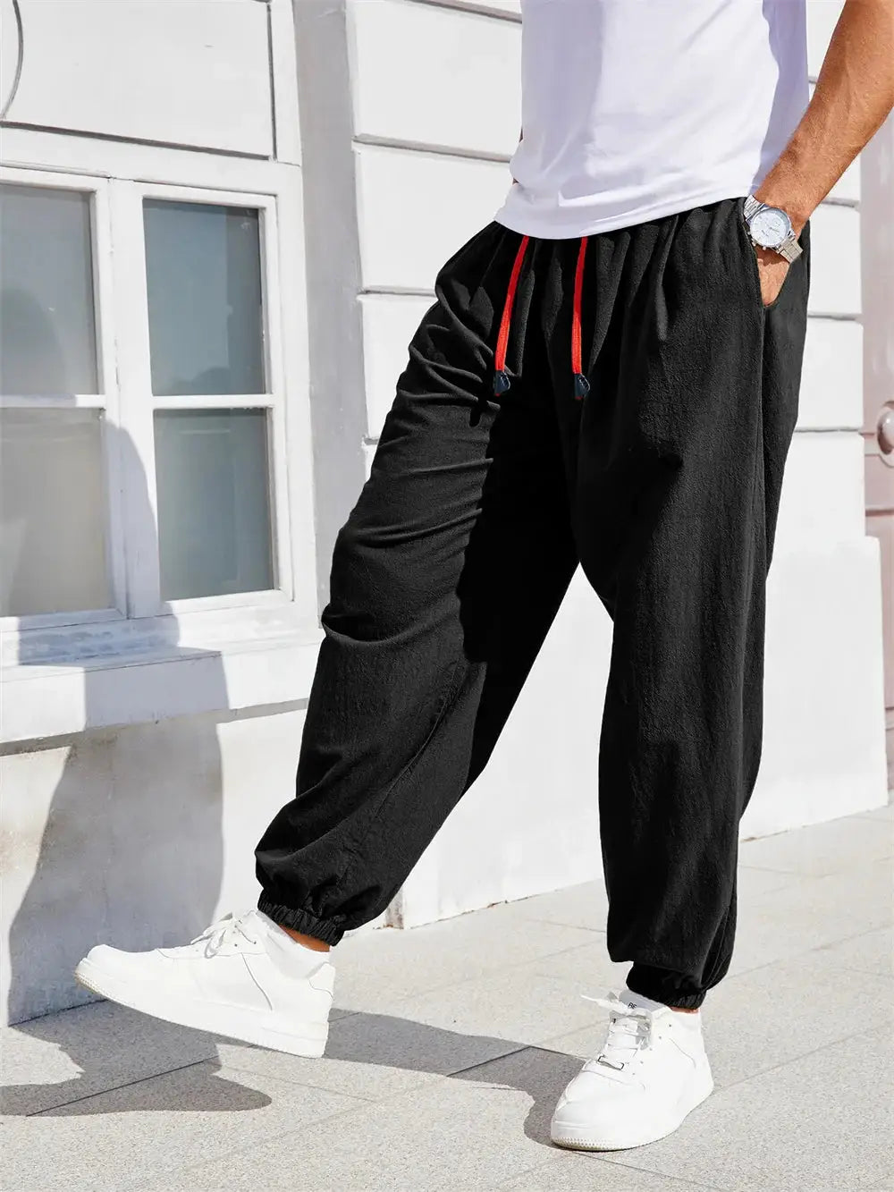 Men's black harem pants with red drawstring, cotton–linen loose-fit joggers by Simples Market