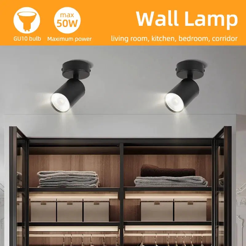 Wall lamp pair; black GU10 LED adjustable ceiling spotlights for living room/kitchen.
