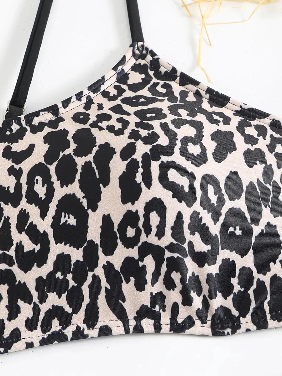 Leopard print padded bikini top with black straps for beachwear