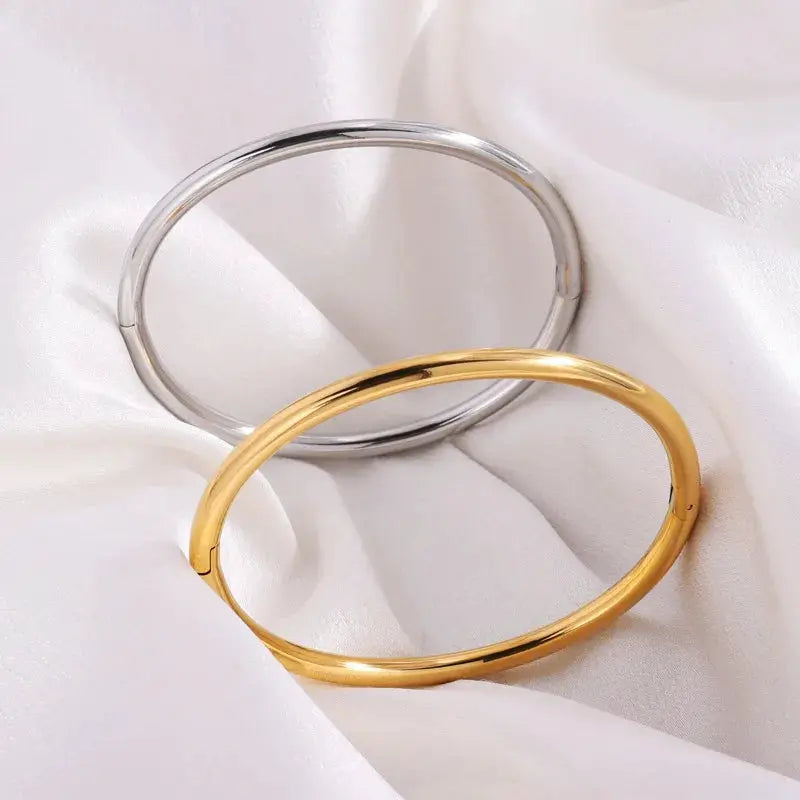 Stainless steel cuff bracelets, silver and gold tones, openable smooth bangles for women, 2-pack