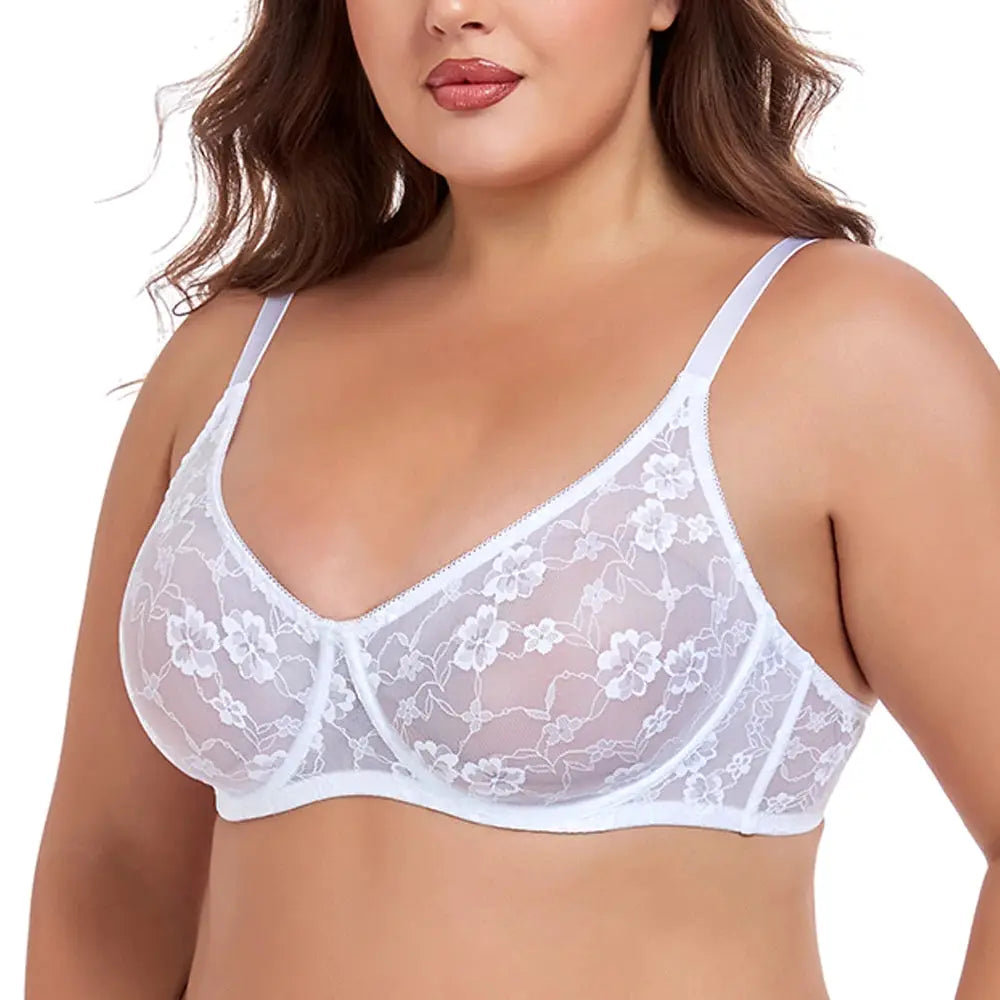 Plus-size white lace underwire bra by Simples Market with floral sheer cups, B-E cup