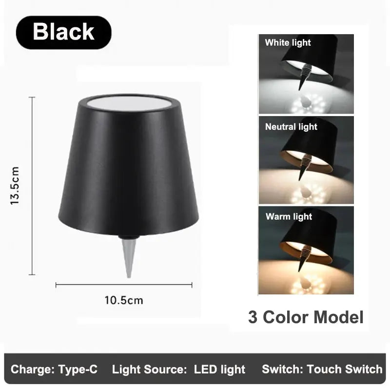 Simples Market wireless LED bottle lamp in black for wine bottles; touch switch, 3 color modes.