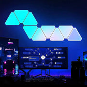 LED Triangular Quantum Lamp RGB wall light, 6‑panel hex array in blue RGB tones for bedroom or office decor