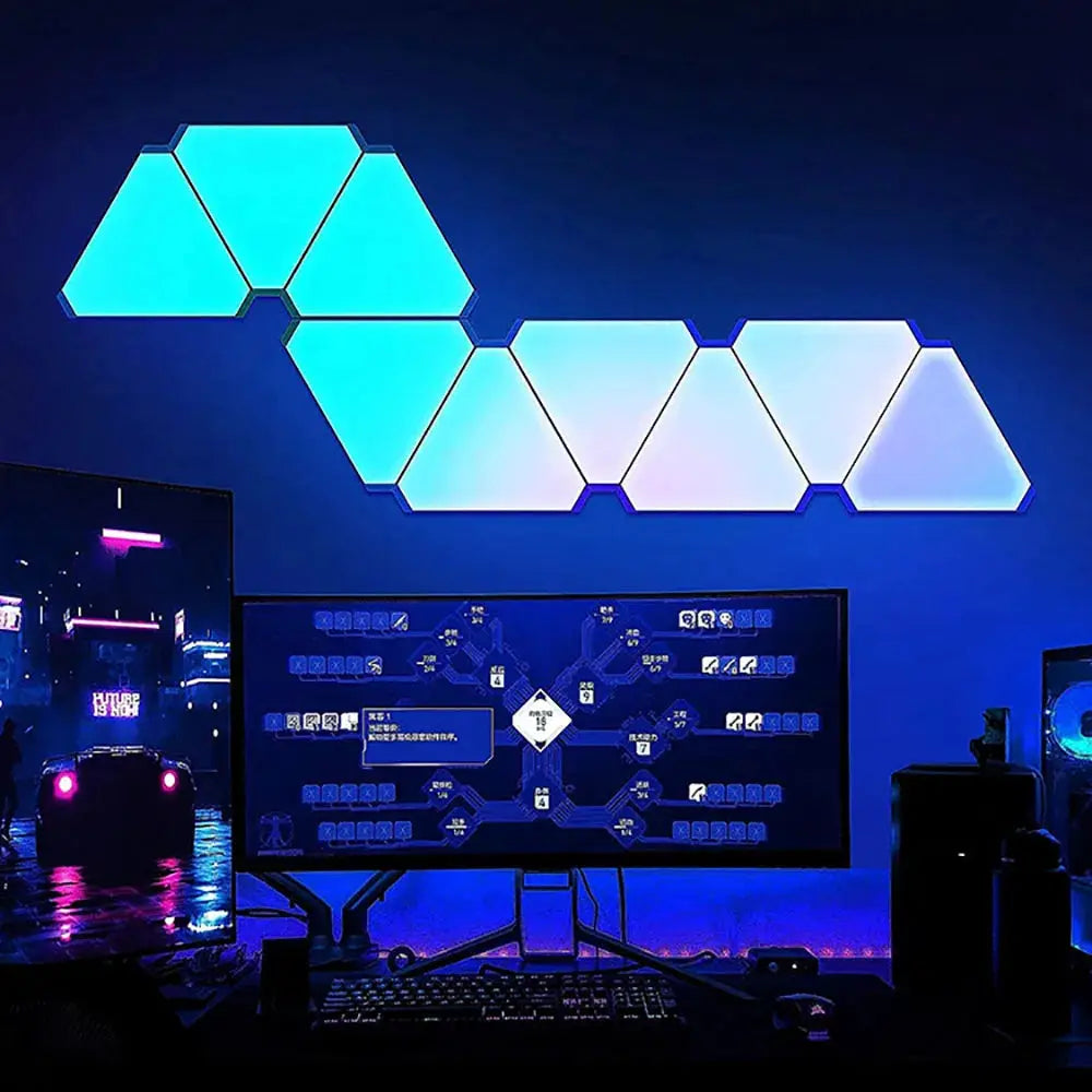 LED Triangular Quantum Lamp RGB wall light, 6‑panel hex array in blue RGB tones for bedroom or office decor