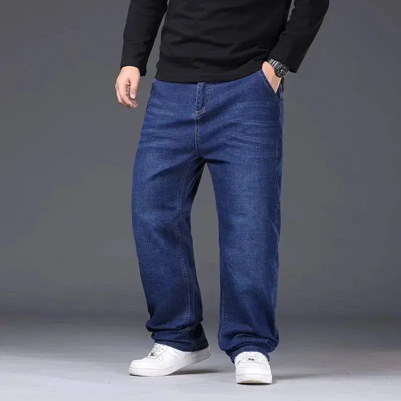 Men's oversized blue denim jeans, loose-fit trousers