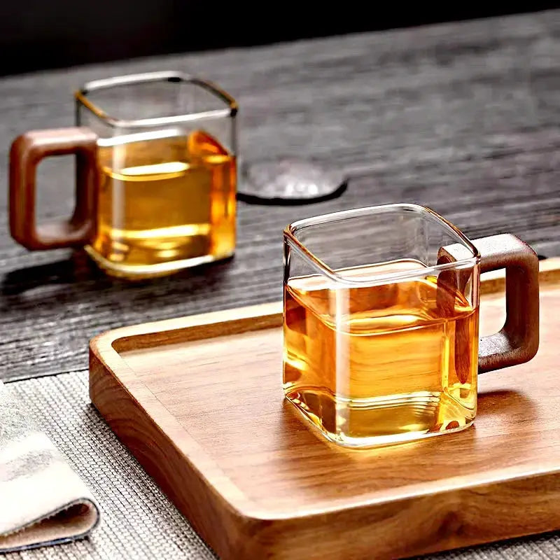 Walnut Glass Coffee Mug With Walnut Wooden Handle Small Capacity Heat Resistant Drinkware For Fresh Ground Coffee