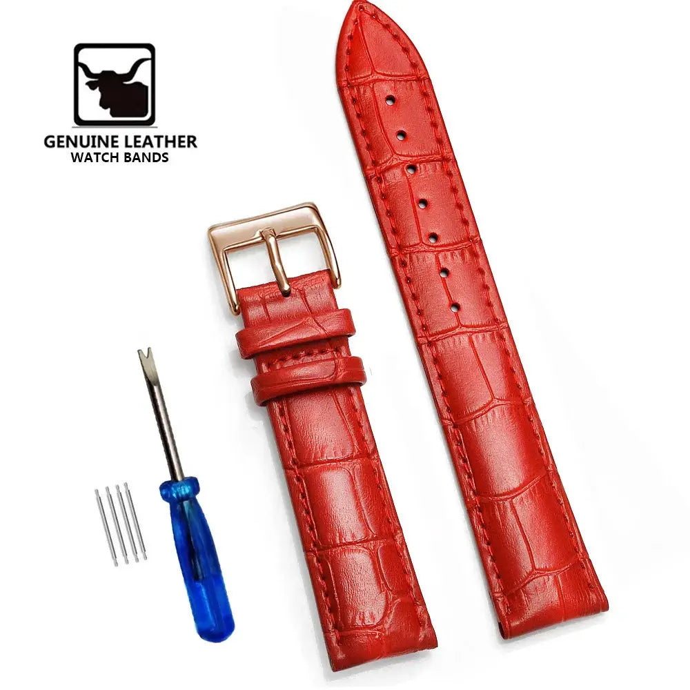 Simples Market red genuine leather watch bands (2) with a rose-gold buckle; includes tool and extra pins.