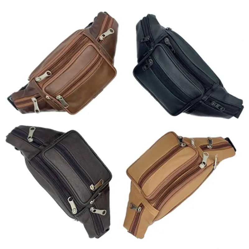 Men's PU leather waist pack by Simples Market, four waist packs in brown, black, dark brown and tan with zip pockets.