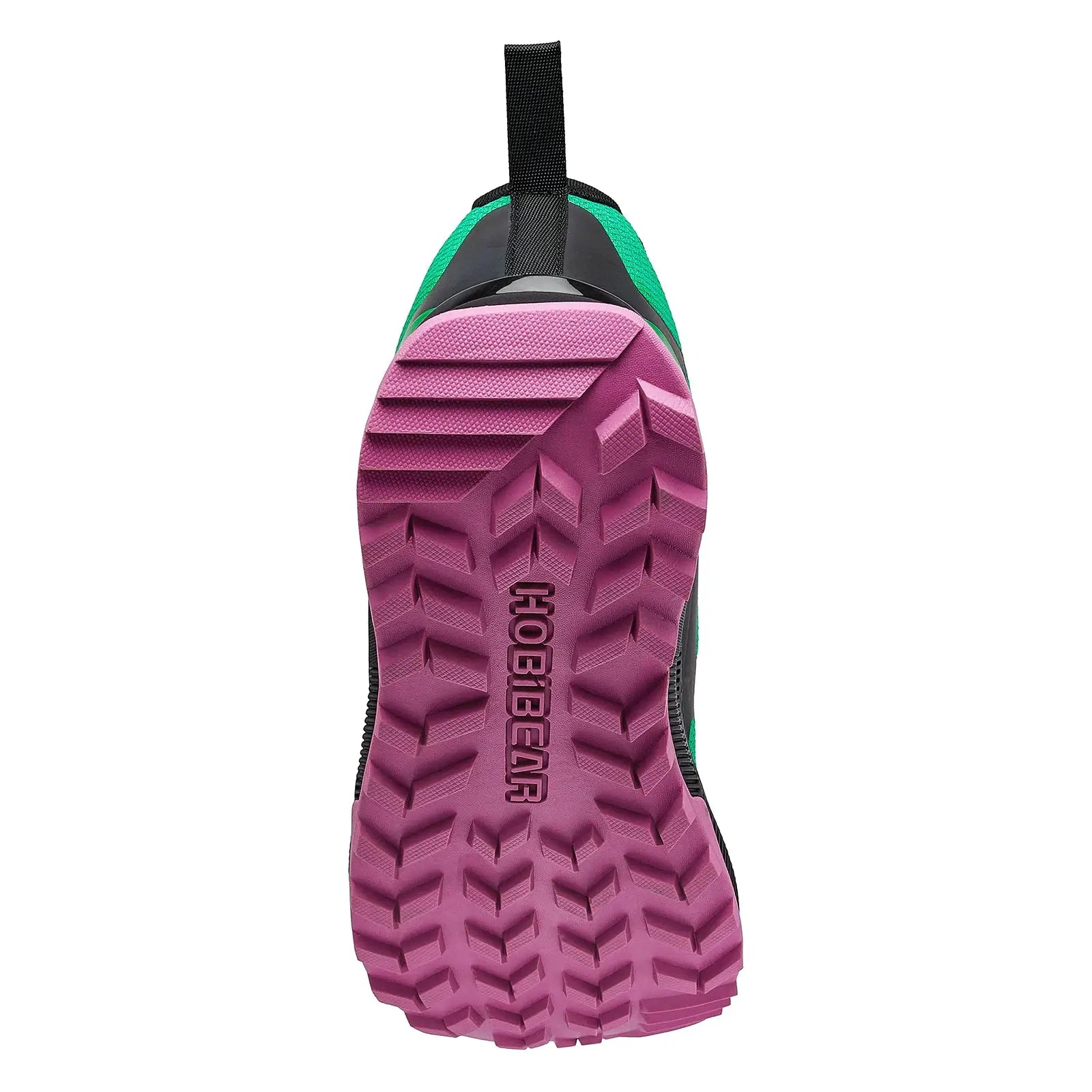 HOBIBEAR hiking shoes; pink outsole with rugged tread and green upper, unisex.