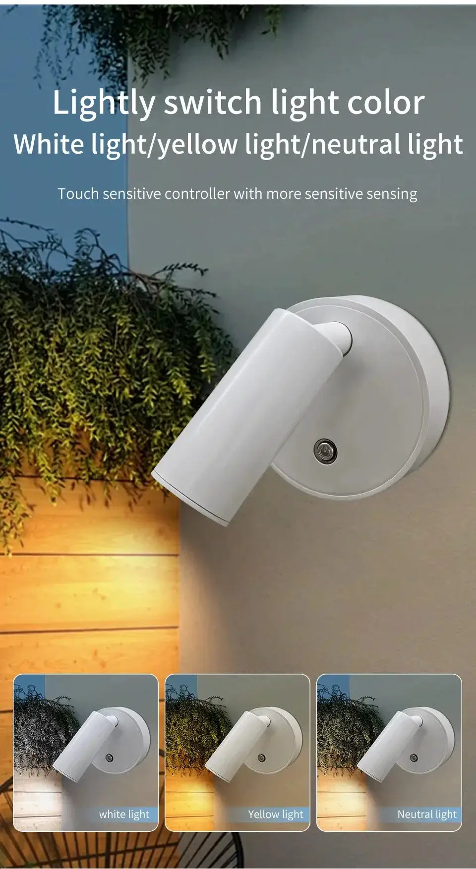 Rechargeable LED wall lamp with white cylindrical spotlight on a round wall mount; touch switch.
