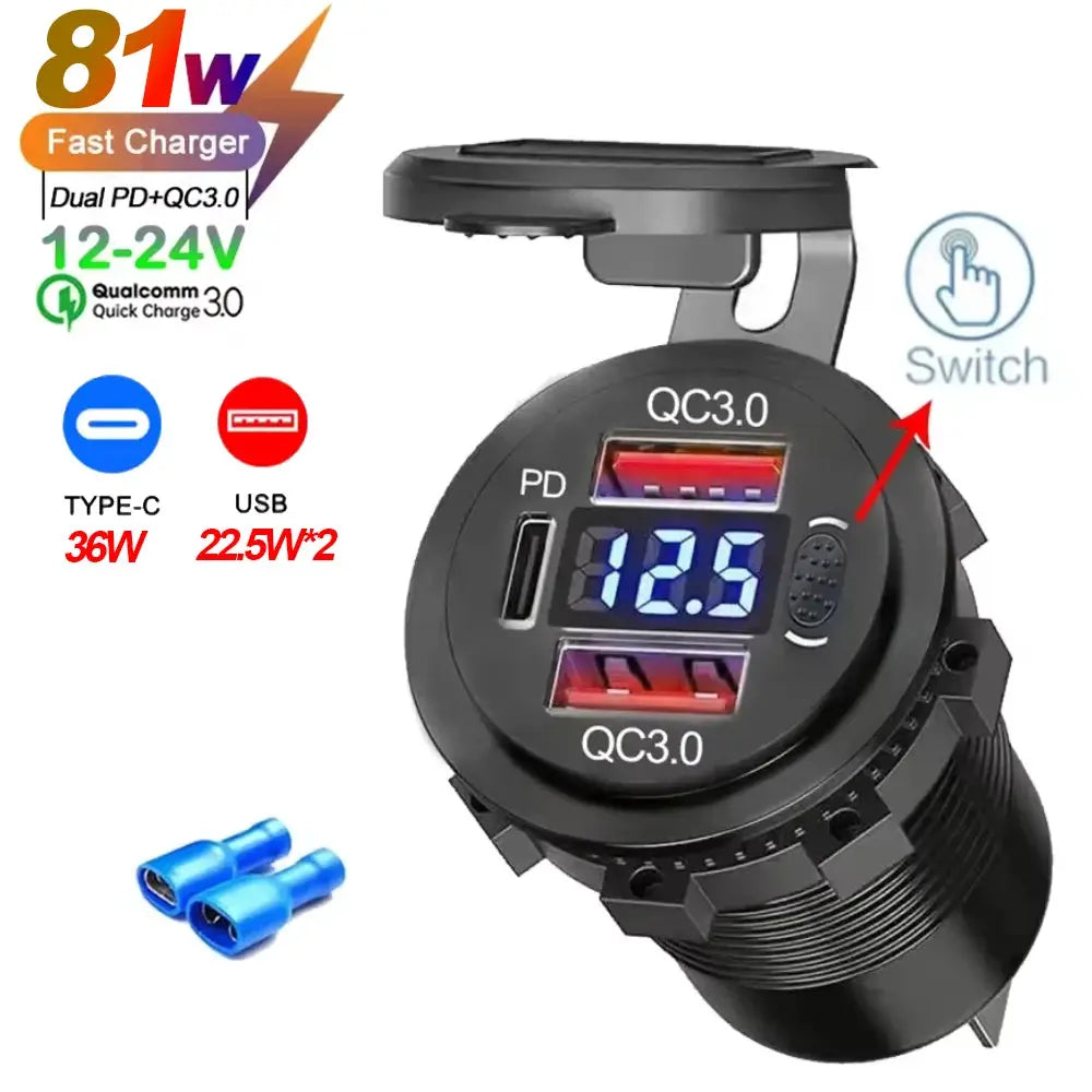 117W Dual PD USB Car Charger With Dual QC 3.0 Ports Voltmeter Waterproof 12V 24V Power Outlet For Car Boat