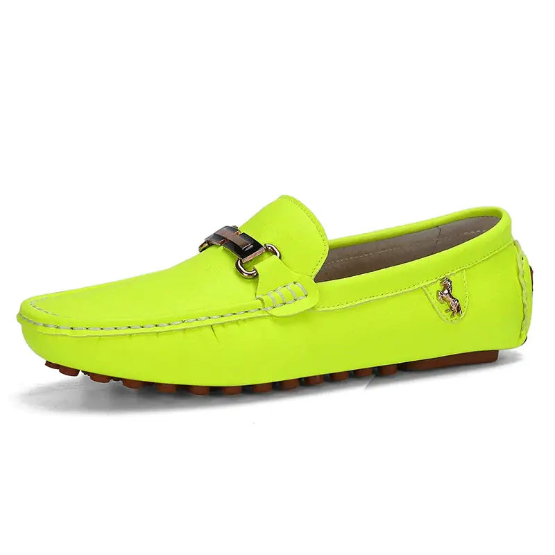 YRZL men's neon lime PU leather loafers with metal horsebit driving moccasin
