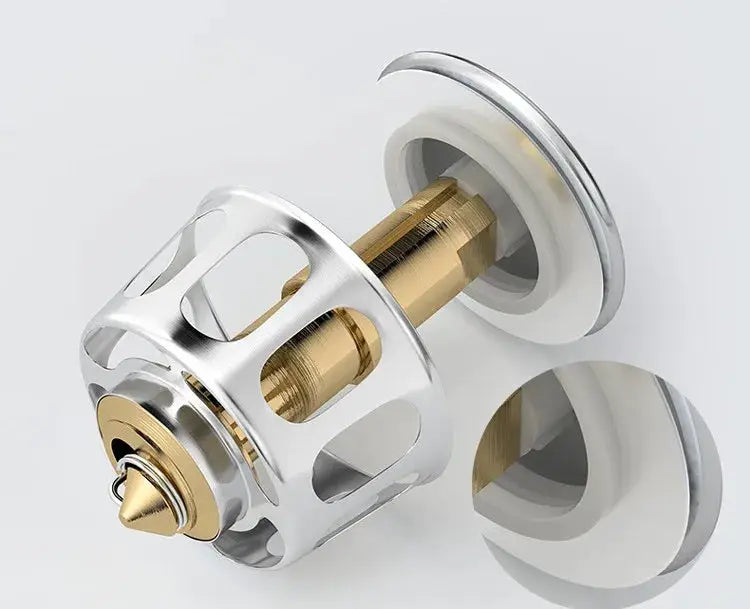 Basin drain pop-up valve by Simples Market, chrome finish with brass core and hair catcher filter