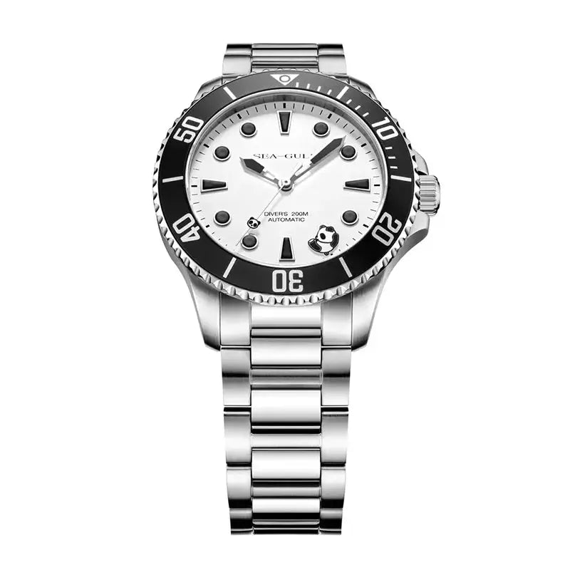 Sea-Gull stainless steel men's diving watch with white dial, black bezel, 200m automatic