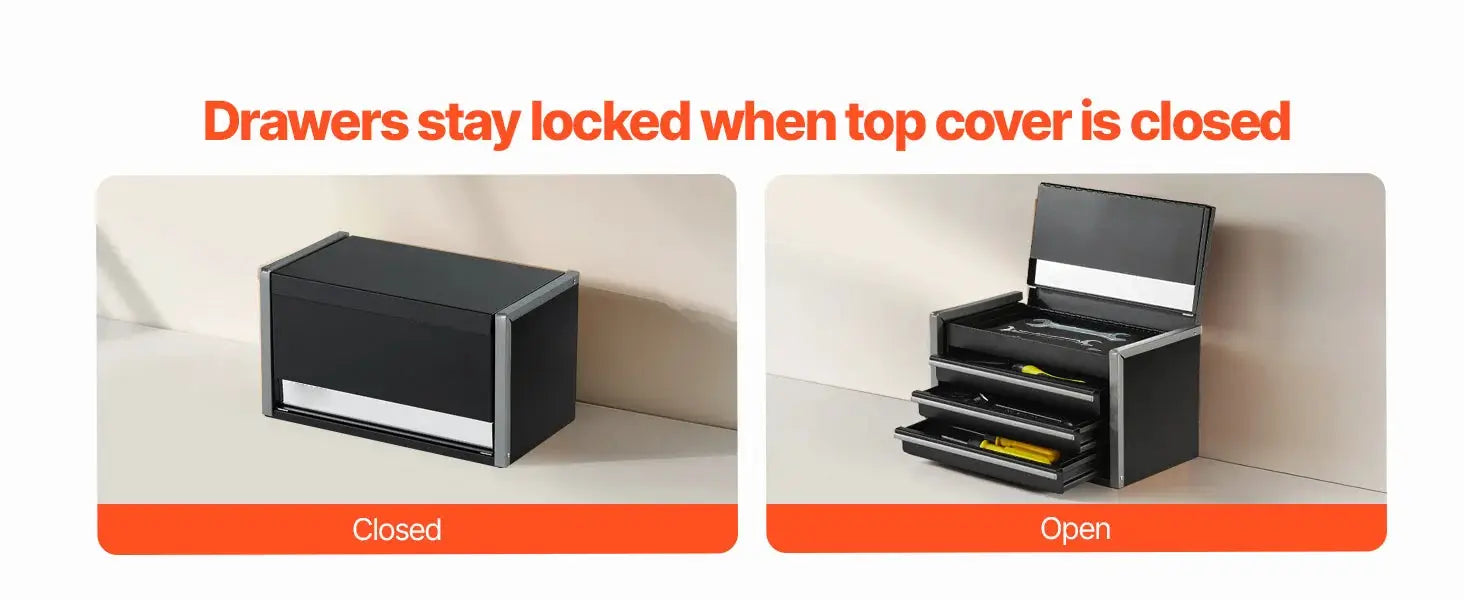 Simples Market 3-drawer metal tool box, black powder-coated with silver trim and foot pads, open and closed views