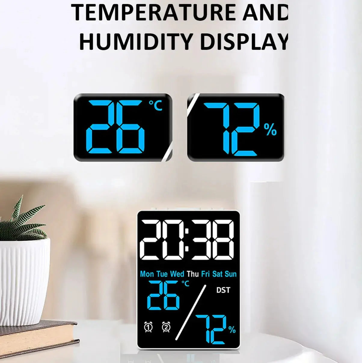 Simples Market digital alarm clock with temperature and humidity display; blue LED digits on a black panel for desk/home office decor.
