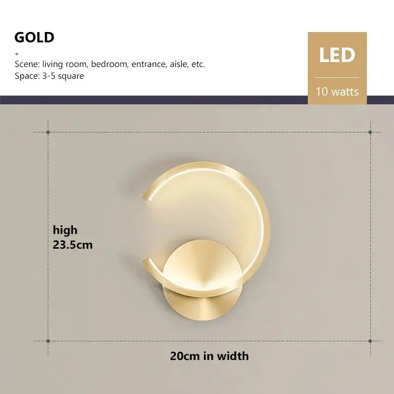 Modern gold LED wall lamp; Simples Market circular ring design, wall-mount, 23.5 cm high x 20 cm wide, 10W.