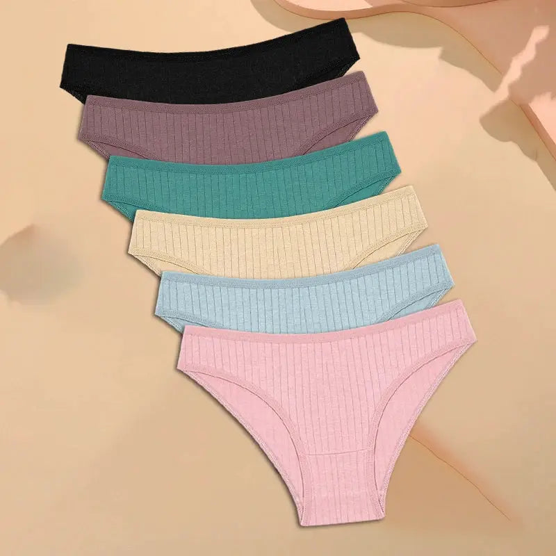Simples Market FINETOO 6-piece set: women's cotton striped briefs in black, plum, teal, beige, light blue, and pink.