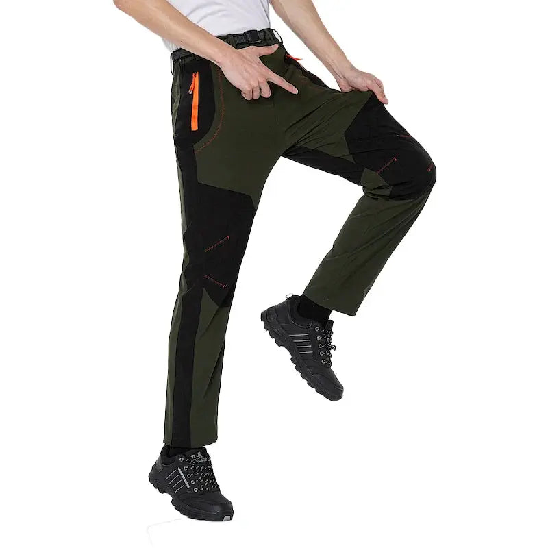 JNLN thick warm fleece hiking pants for men, olive green with black panels, waterproof windproof soft-shell trekking trousers