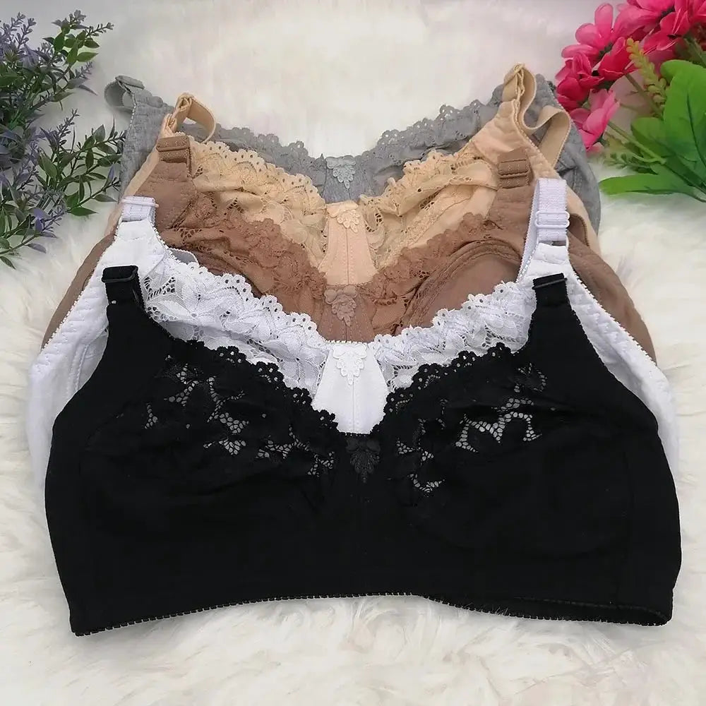 Wire-free lace bra set in black, white, beige, brown and gray with scalloped lace cups and adjustable straps