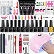 Gel nail polish kit with pink UV lamp and electric drill by Simples Market; includes base/top coats and gel polishes