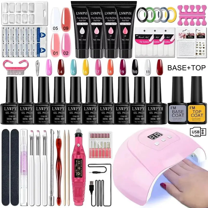 Gel nail polish kit with pink UV lamp and electric drill by Simples Market; includes base/top coats and gel polishes