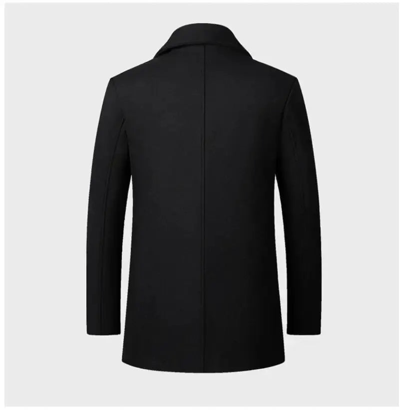 Men's long black wool overcoat, warm winter outerwear, back view