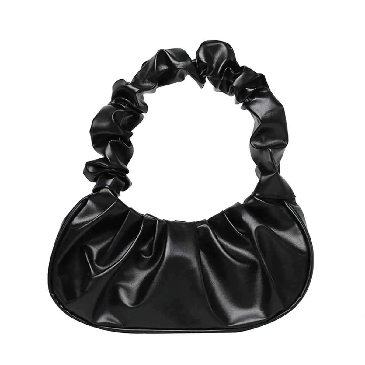 Dumpling handbag in black PU with a ruched, pleated handle