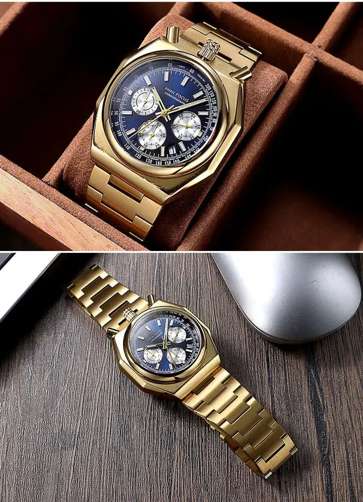 MINI FOCUS chronograph quartz men's watch with blue dial, gold-tone stainless steel bracelet and three sub-dials