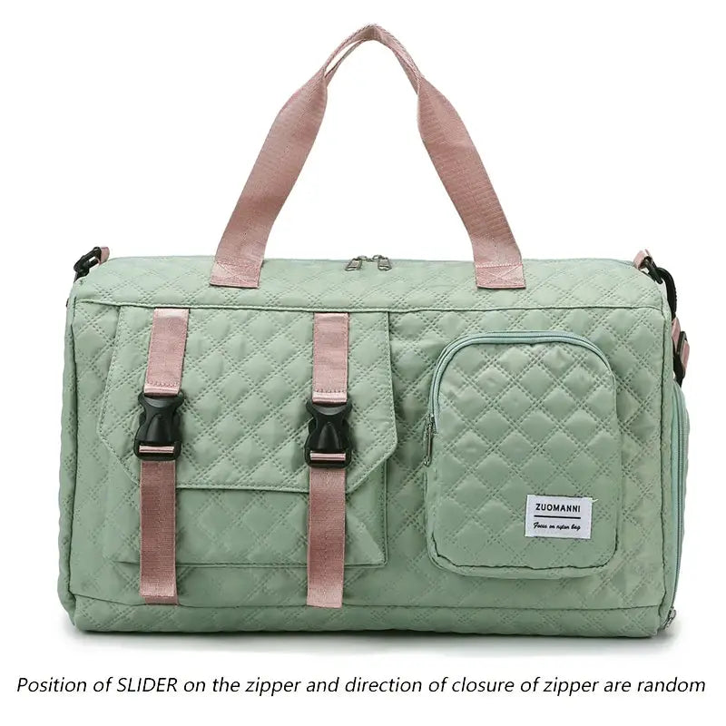 Durable nylon travel duffle bag in mint green with pink handles and quilted pattern, ZUOMANNI logo.