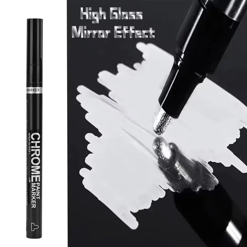 Chrome pen marker by Simples Market, 2mm nib, high-gloss mirror finish swatch.
