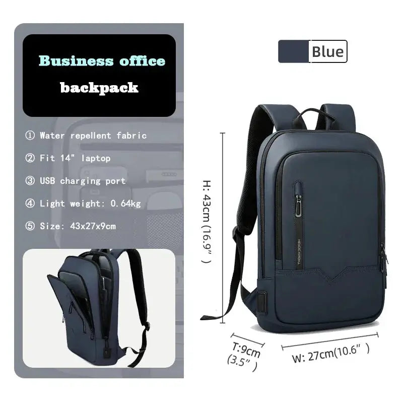 HK Slim Backpack blue with USB charging port, minimalist business laptop bag by Simples Market