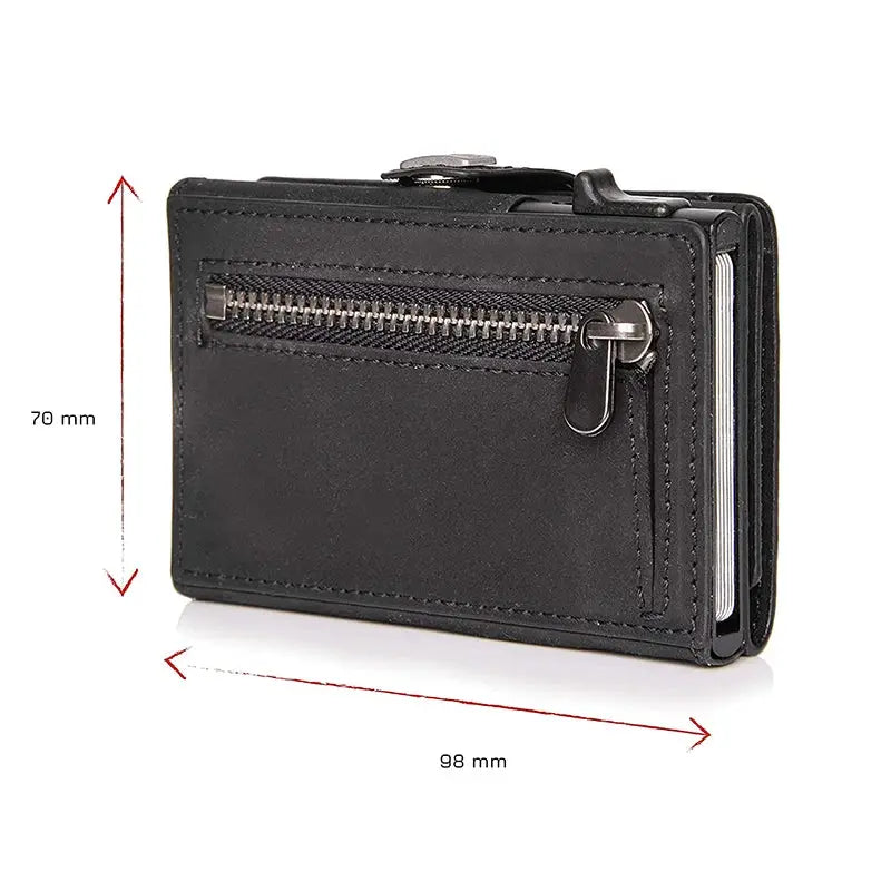Pop-Up RFID credit card case in black genuine leather with zip pocket; compact wallet for notes and coins, 98×70 mm.
