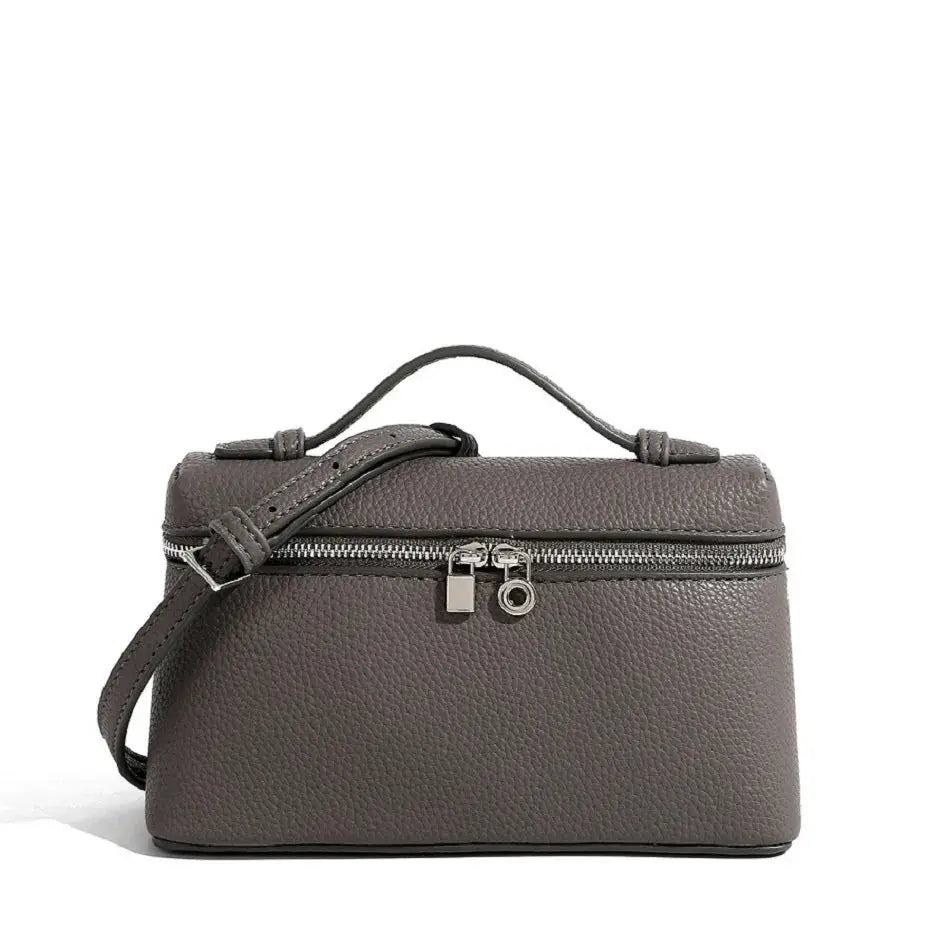 Simples Market lychee-grain mini shoulder bag in taupe gray with top handle and crossbody strap, silver zippers.