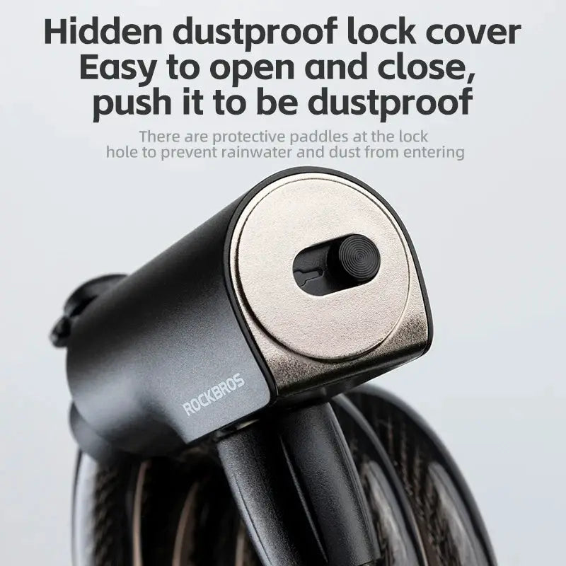 ROCKBROS bicycle lock with keys; black zinc-alloy round lock on a bike cable
