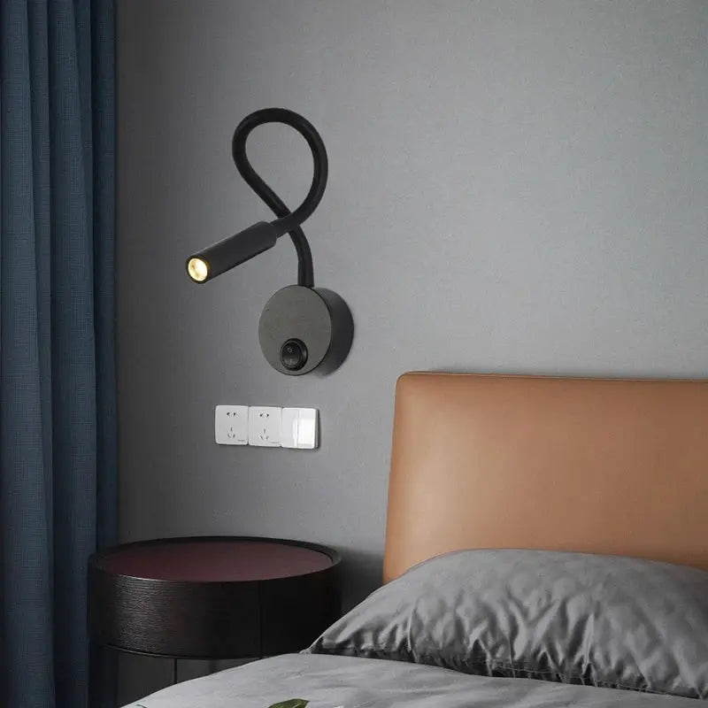 LED flexible hose wall lamp by Simples Market, black gooseneck bedside spotlight