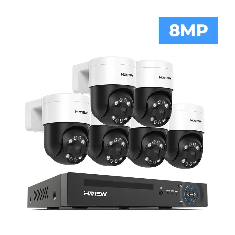 HVIEW 8-channel CCTV security camera system with eight 8MP outdoor IP cameras and NVR