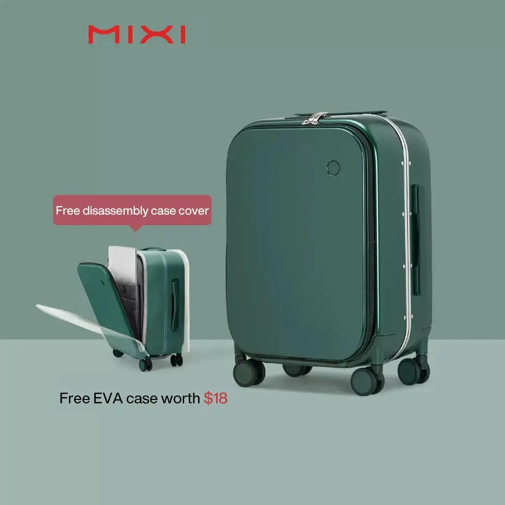 Mixi patent aluminum-frame carry-on rolling luggage in green with free EVA case