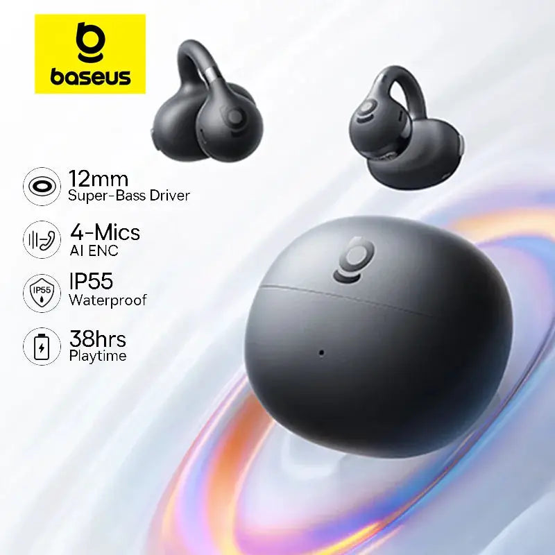 Baseus BC1 Ear Clip Open-Ear Wireless Earbuds, black, IP55 waterproof, 4-mic ENC, 38h playtime