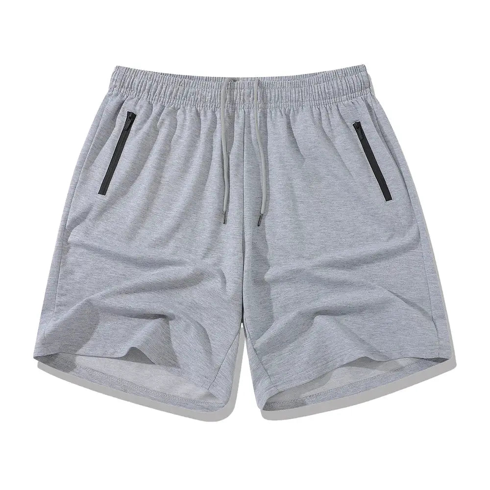 Men's gray Simples Market workout shorts with drawstring, quick-dry fabric and zippered phone pockets