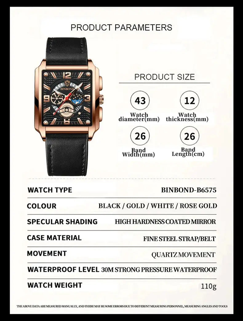 Binbond men's square rose-gold watch with black leather strap, quartz movement, black dial, 30m water resistant