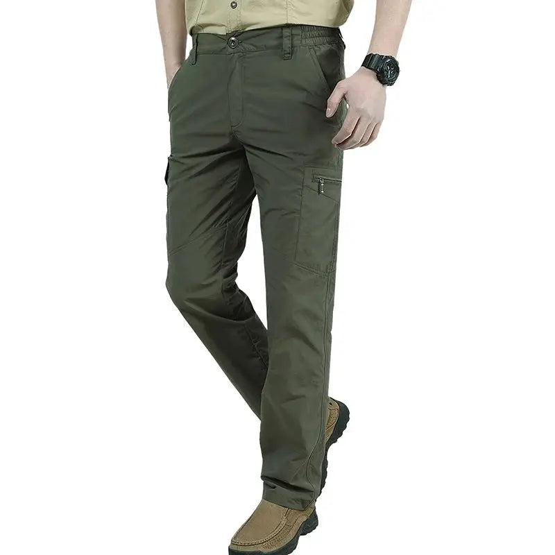 Casual men's cargo pants by Simples Market, olive green quick-dry breathable outdoor hiking trousers with multiple pockets