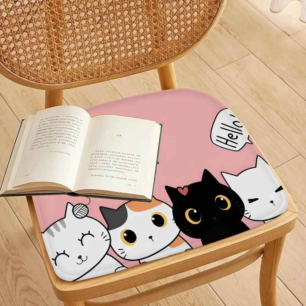 Chair cushion with pink background featuring four cartoon cats, soft breathable fabric, 45x45cm