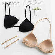 FINETOO two seamless triangle-cup bras, black and nude, with cross-strap back/front buckles, Simples Market