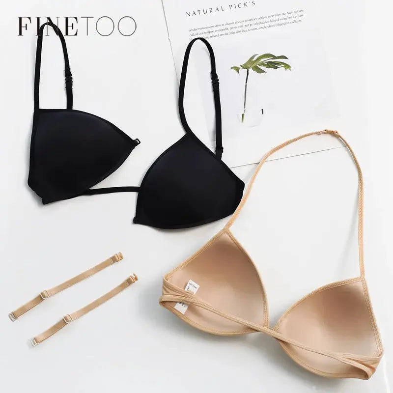 FINETOO two seamless triangle-cup bras, black and nude, with cross-strap back/front buckles, Simples Market